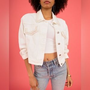White Denim Pearl Embellished Jacket - Size Large